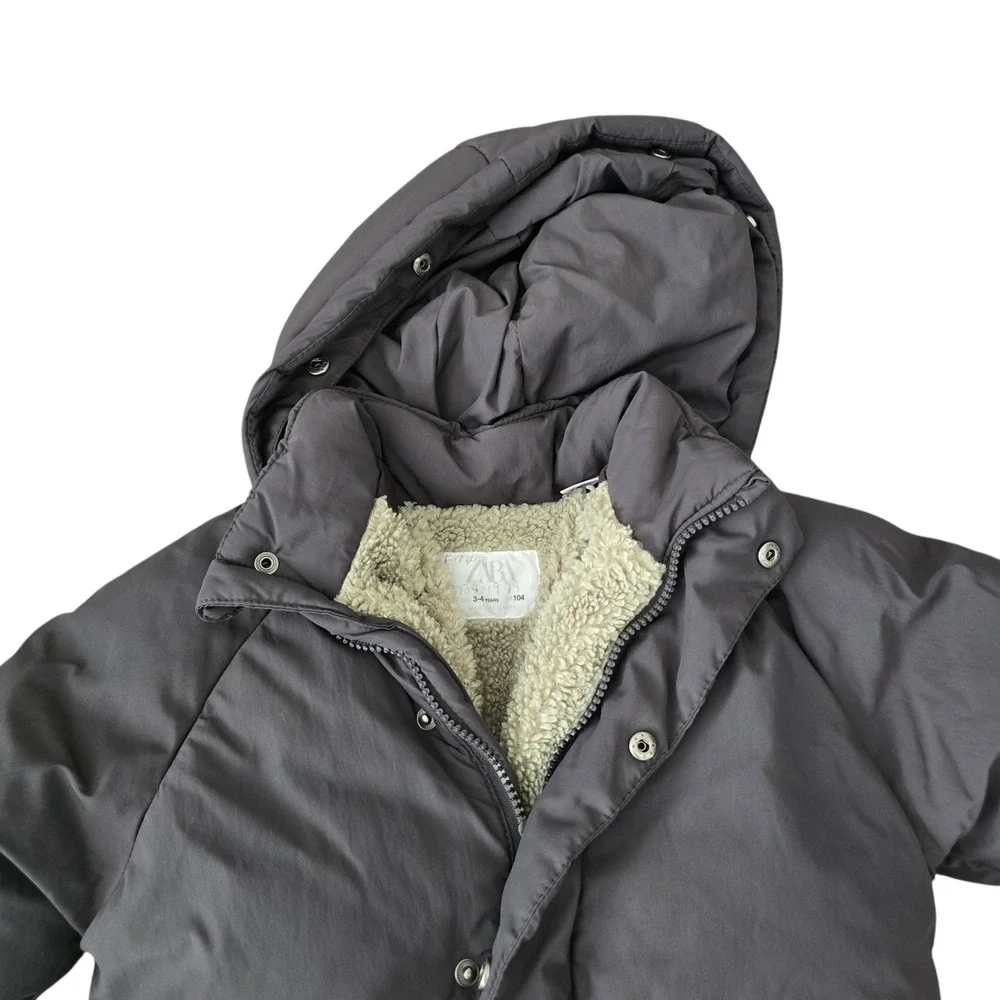Zara Kids Gray Hooded Puffer Coat Sherpa Lined‎ Size 3-4 Years Unisex